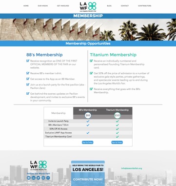 Los Angeles World's Fair membership page - desktop screen shot